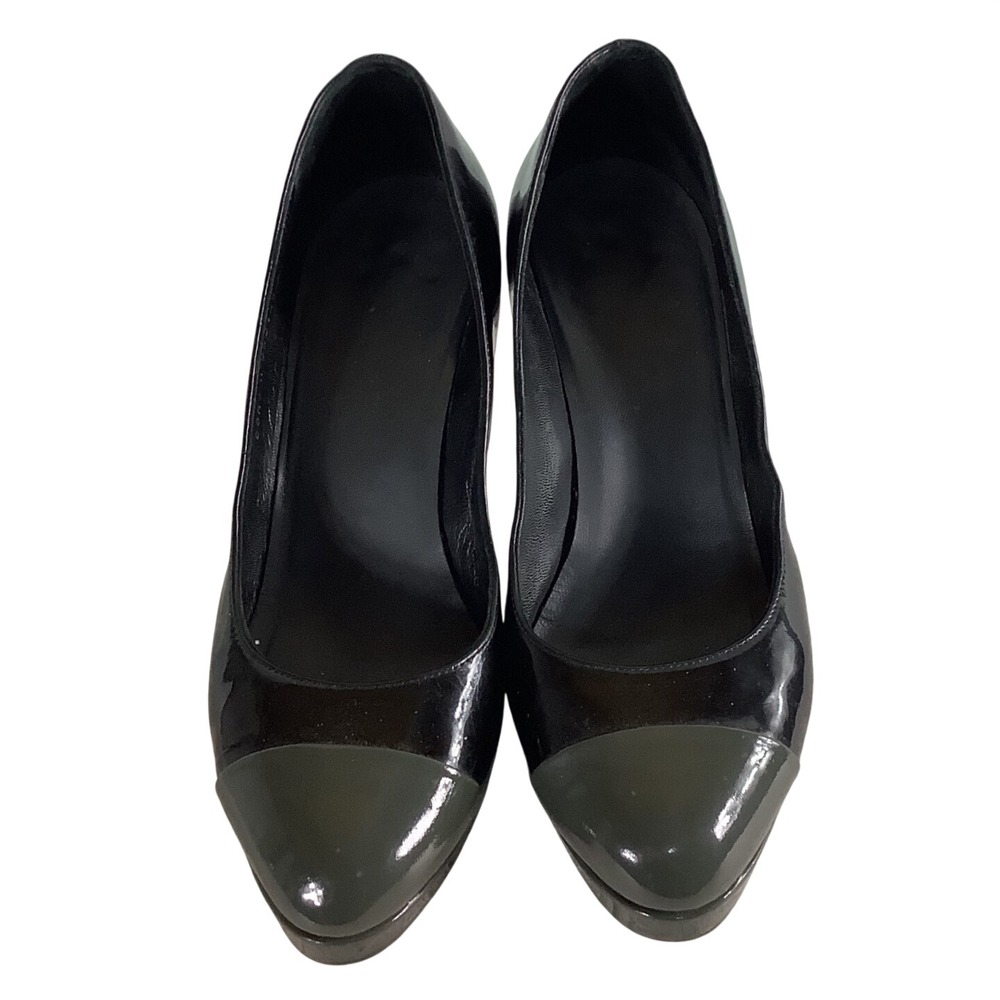 Chanel Black Patent Leather Cap Toe Platform Pumps CC Logo Heels 38.5